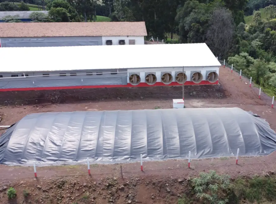 Cisterna para captação de água da chuva ao lado de um aviário