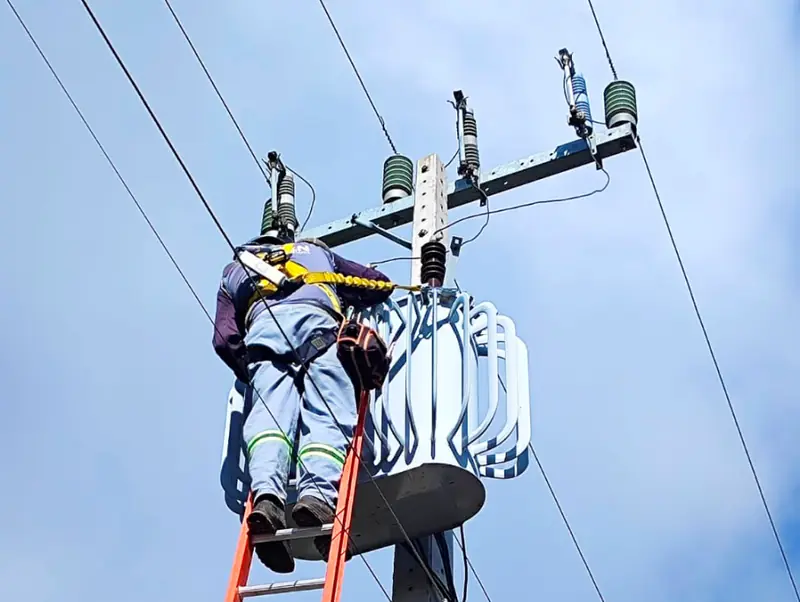 Eletricista trabalhando em poste de rede elétrica