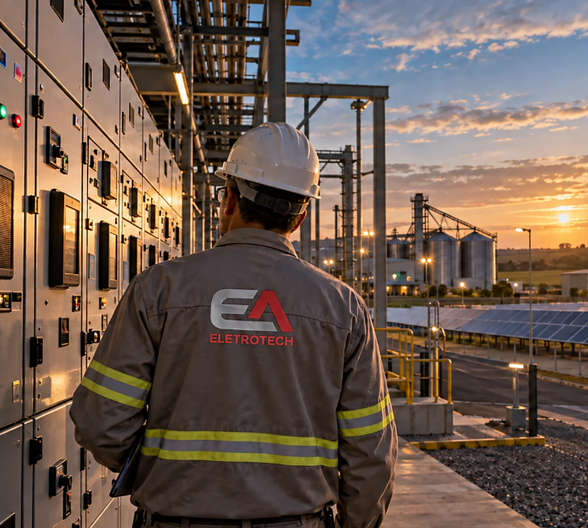 Técnico de capacete e uniforme da EA Eletrotech observando painéis elétricos de uma instalação industrial ao pôr do sol